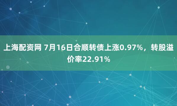 上海配资网 7月16日合顺转债上涨0.97%,转股溢价率22.91%